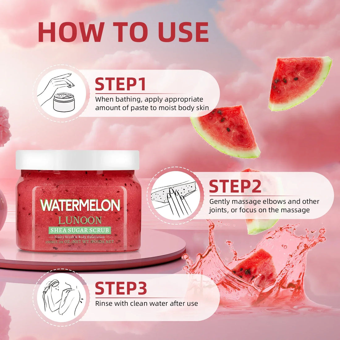 Watermelon Shea Sugar Scrub 150g - Natural Body Exfoliator, Moisturizing, Smoothing, for Elbow, Knee, Back, Leg, All Skin Types
