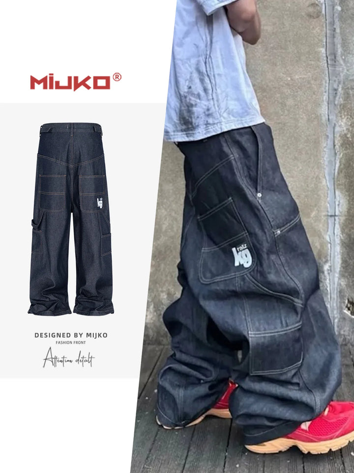 MIJKO Straight Blue Jeans Workwear Multi Pocket Embroidery Original Cow Trousers Comfortable Silhouette for Men Women