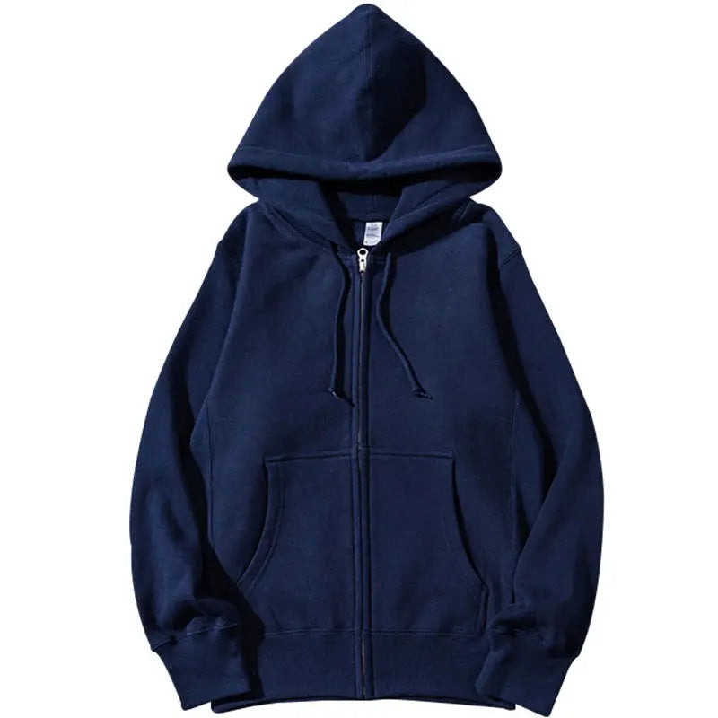 Good Quality Zip Hooded Women Sweatshirt Navy Blue  Casual Street Wear Loose Spring Autumn Solid Color Hoodie