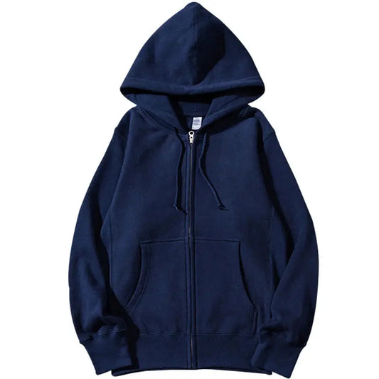 Good Quality Zip Hooded Women Sweatshirt Navy Blue  Casual Street Wear Loose Spring Autumn Solid Color Hoodie