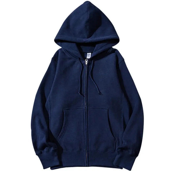 Good Quality Zip Hooded Women Sweatshirt Navy Blue  Casual Street Wear Loose Spring Autumn Solid Color Hoodie