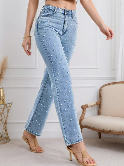 Women's New Fashionable and Versatile Pearl Straight Jeans, Five-Pocket Design, Machine Washable, Basic Style, Suitable for All