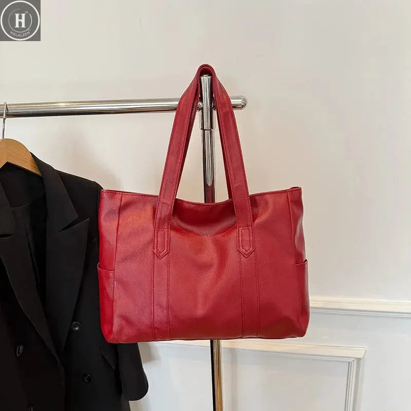 Fashion Design Women Solid Color Shoulder Bag Soft Pu Leather Commute Large Capacity Casual Tote Handbag Women's Shoulder Bag HALALZEN