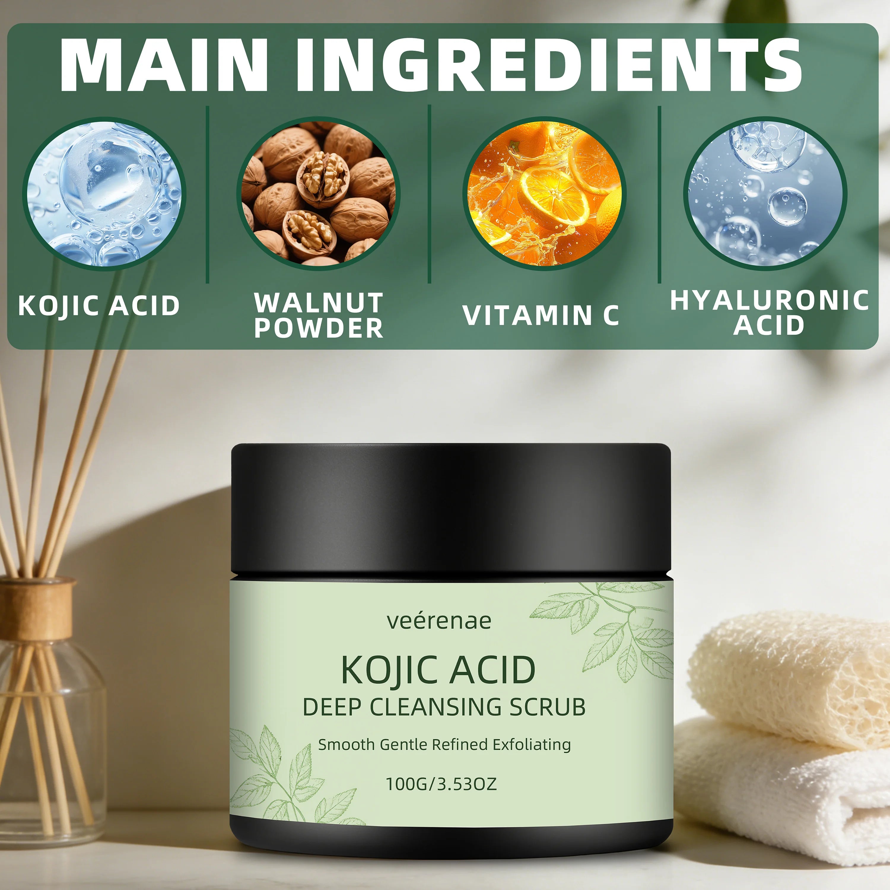Veerenae KOJIC ACID DEEP CLEANSING SCRUB – Gentle Face & Body Exfoliator for Women & Men | Daily Use for Smooth, Radiant Skin