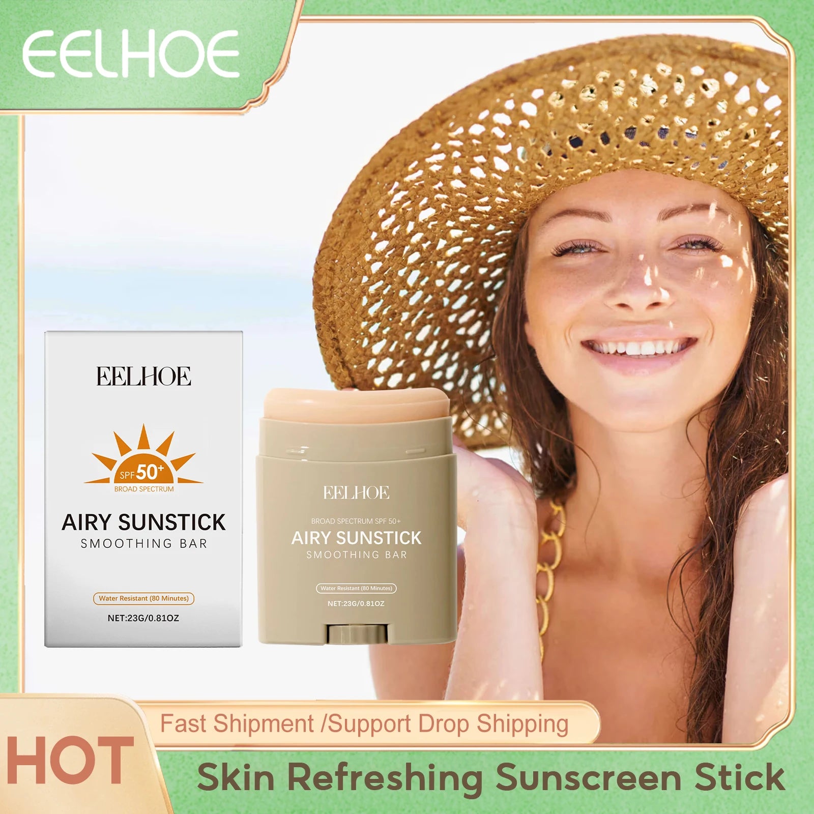 Eelhoe Skin Refreshing Sunscreen Stick Keep Refresh Full Coverage No Sticky for Dry Oily Control Waterproof Body Sunscreens 50+