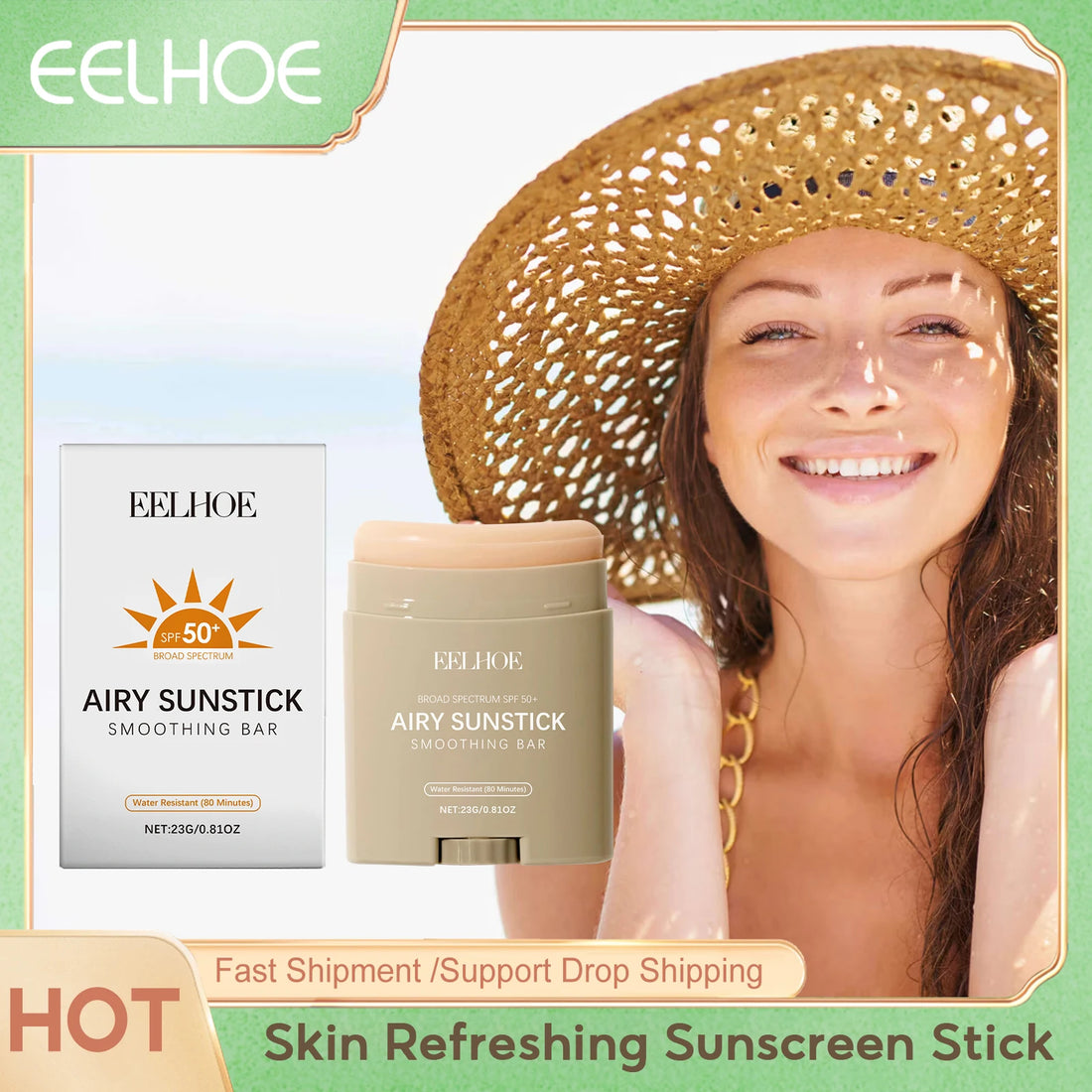 Eelhoe Skin Refreshing Sunscreen Stick Keep Refresh Full Coverage No Sticky for Dry Oily Control Waterproof Body Sunscreens 50+