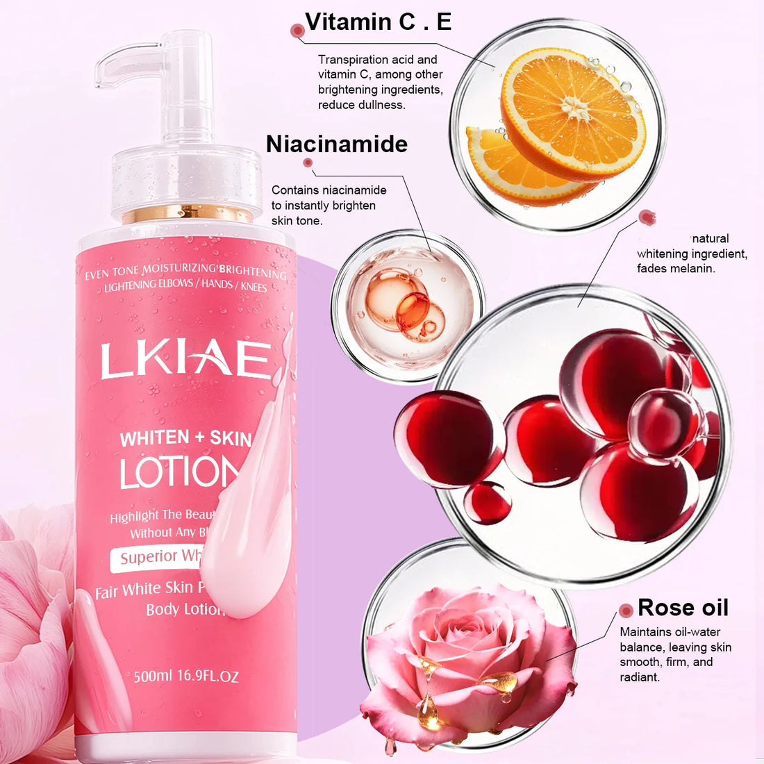 LKIAE Niacinamide Whitening Body Lotion, With Natural Rose Oil, Vitamin C, Moisturizing, Brighten, Even Skin Tone, 500ml