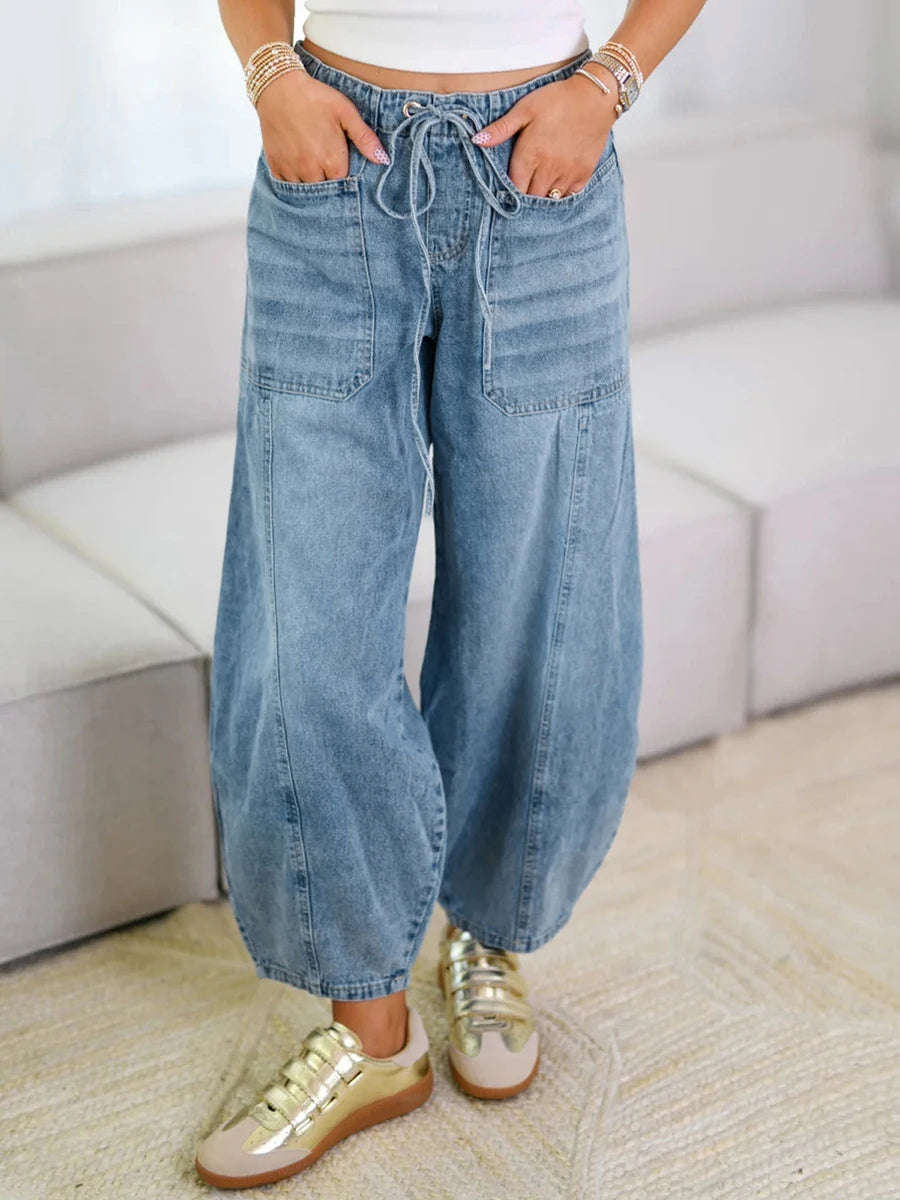 Women s High Waisted Denim Jeans Stretchy Elastic Waistband Tie-up Loose Fit Pants with Pockets Perfect for Everyday Street