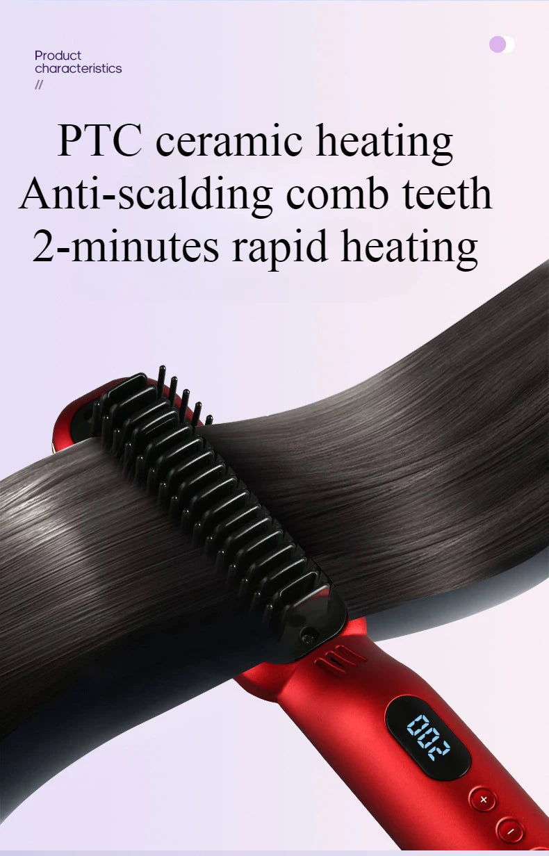 Wireless Hair Styler Negative Ion Hair Straightener Comb & Curling Comb Damage-Free Voluminous LED Screen Rechargeable Hot Comb Halalzen