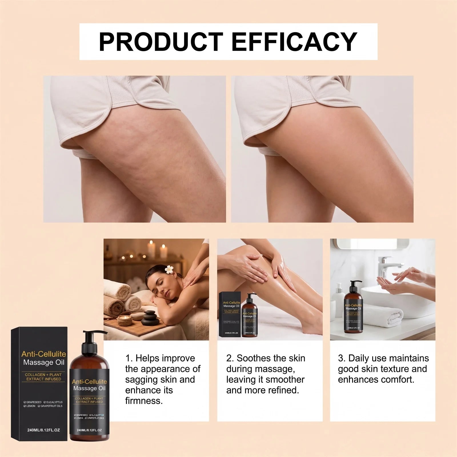 Firming Body Massage Oil with Collagen Anti Sagging Smoothing Cellulite Improve Skin Texture Refreshing Body Oil for Legs & Full