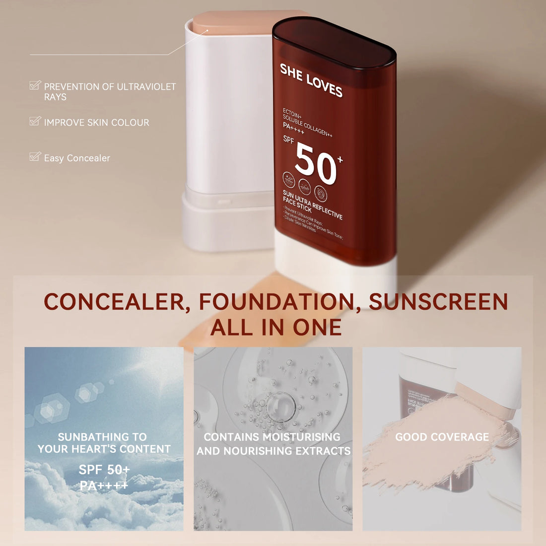 3-in-1 sunscreen concealer foundation cream, light in texture, covers flaws, and has a lasting makeup effect