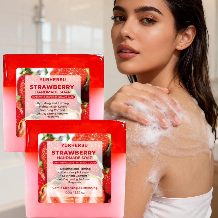 Strawberry Soap Natural Brightening Moisturizing Gentle Cleansing Exfoliating Smooth Skin Handmade Soap for Face & Body Halalzen