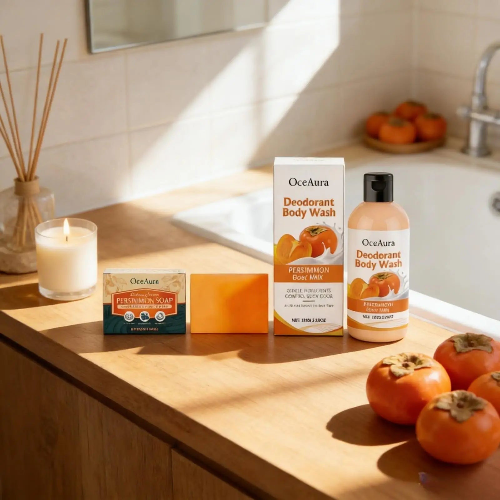 OceAura Persimmon Soap Bar for Body Odor Control Deodorant Professional Skin Cleaning Goat Milk Body Wash Persimmon Shower Gel Halalzen