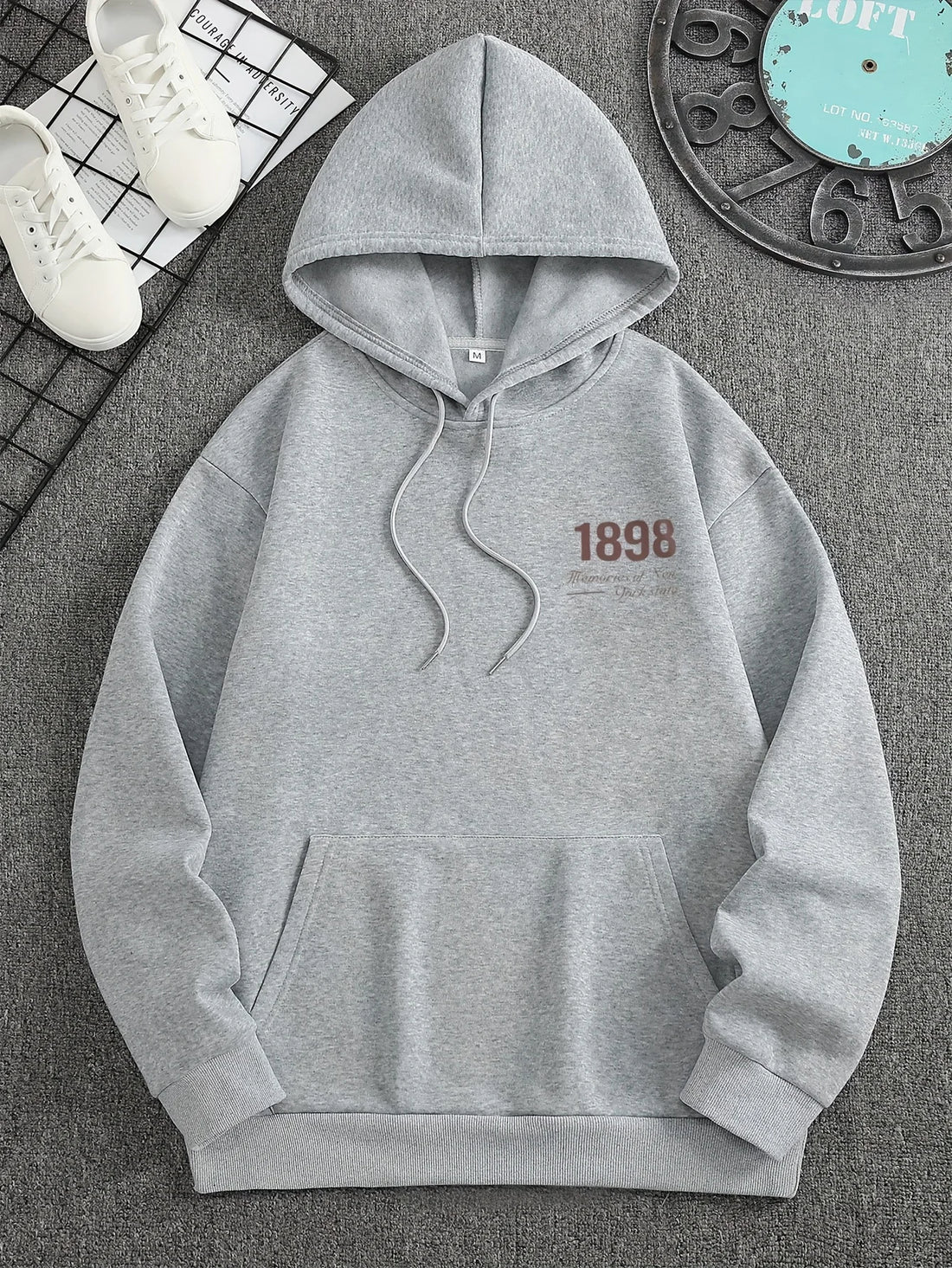 Men's Vintage Brooklyn 1898 Graphic Hoodie - Loose Fit Sweatshirt with Kangaroo Pockets, Heavyweight Casual Streetwear Pullover