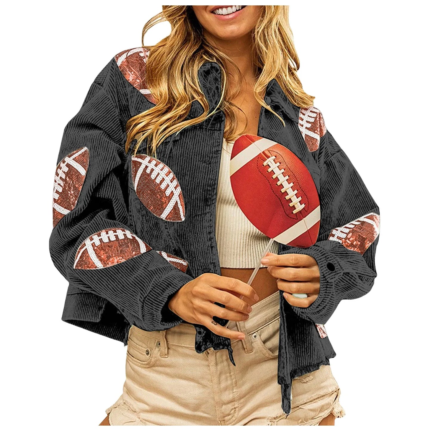 Womens Fall Winter Corduroy Football Sequin Jacket Slim Fit Baseball Casual Jacket Danger Days Button Up Shirts Outwears куртка