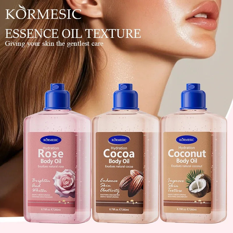 KORMESIC Body Oil 260ml Rose/Cocoa/Coconut Hydrating Brighten Skin Texture Soothe Discomfort Essential Oil