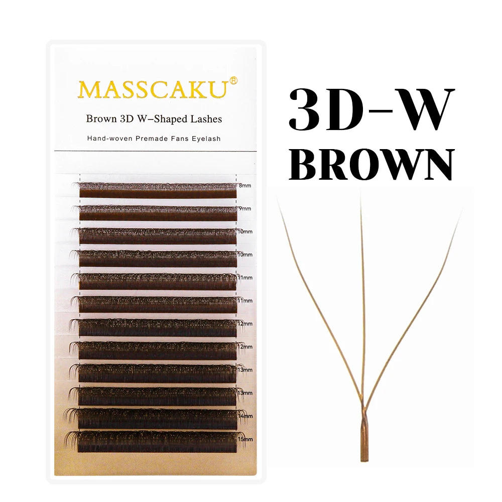 MASSCAKU New Brown 3D/4D/5D W Shaped Eyelash Extensions 8-15mm Mix Length Hand-Woven Premade Volume Fans Cilios for Makeup Tools