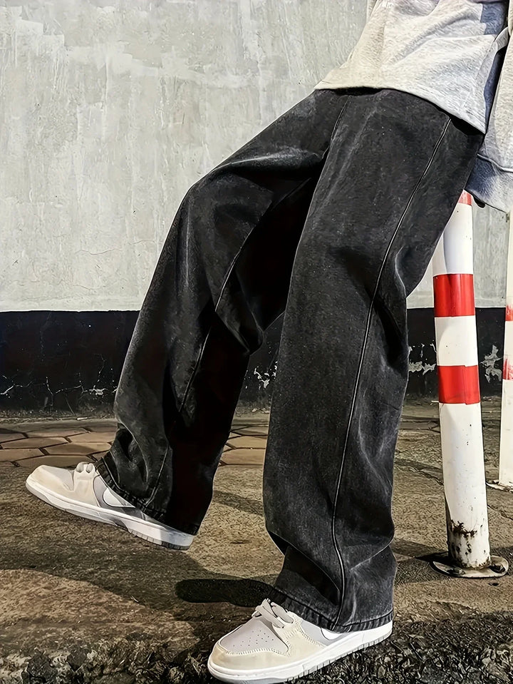 Men's Regular Fit Multi-Pocket Jeans - Street Style Cotton Blend Denim, Black & Gray, Non-Stretch, All-Season Wear, Classic Desi