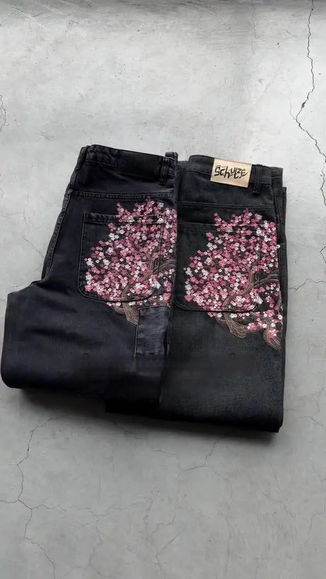 Derschutze Patchwork Cherry Blossom Embroidery Denim Pants Y2k Vintage Women Baggy Straight Wide Leg Jeans Street Men Clothes