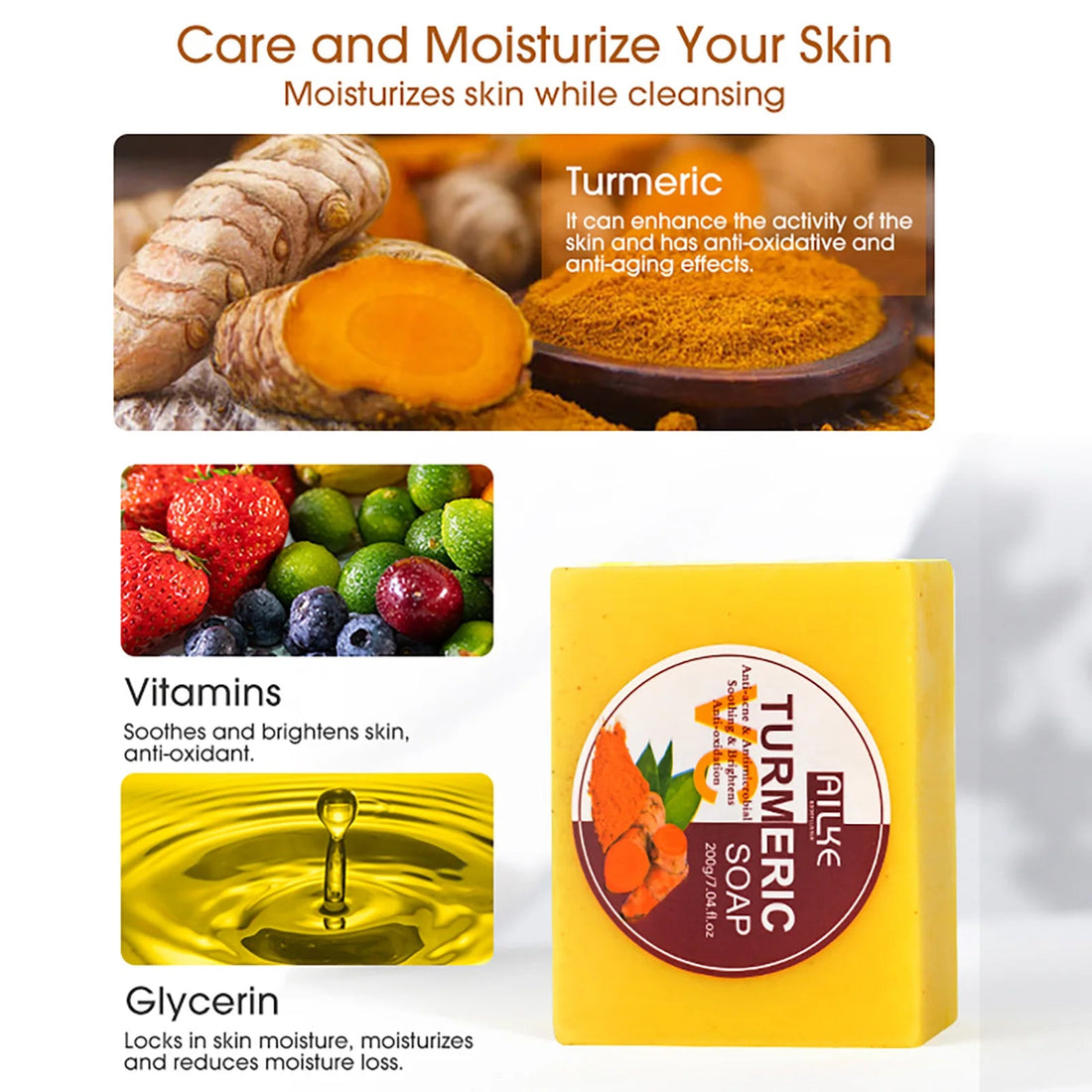 AILKE Natural Turmeric Soap for Face & Body, Whitening, Clean Stains, Even Skin Tone, Remove Acne, Age Spot, Black Spot, 200g Halalzen