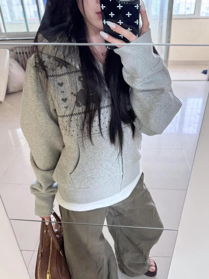 Korean Cute Bear Hoodie Women - Foam Print Hooded Sweatshirt, Y2K Oversized Open Front Jacket, Ins Fashion Winter Coat, Casual L