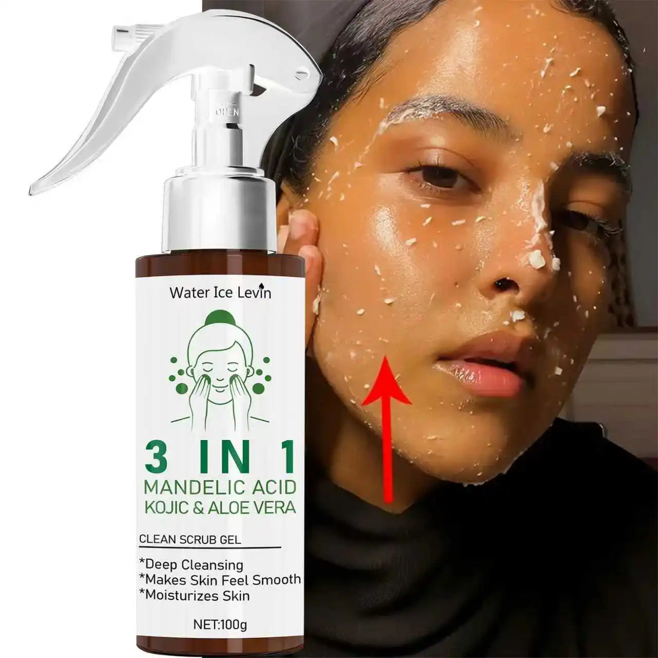 Water Ice Levin 3-in-1 Clean Scrub Gel with Mandelic Acid, Kojic,Aloe Vera, Replenishes Moisture, Deep Cleanses for Smooth Skin Halalzen
