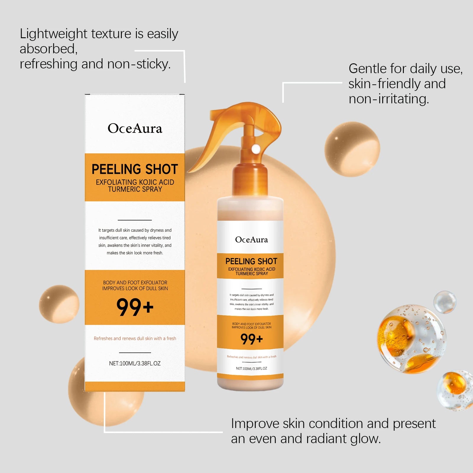 Exfoliating Kojic Acid Turmeric Spray Gently Peeling Solution Hydrating Skin Brightening Mist for Smooth Skin Back & Foot Care