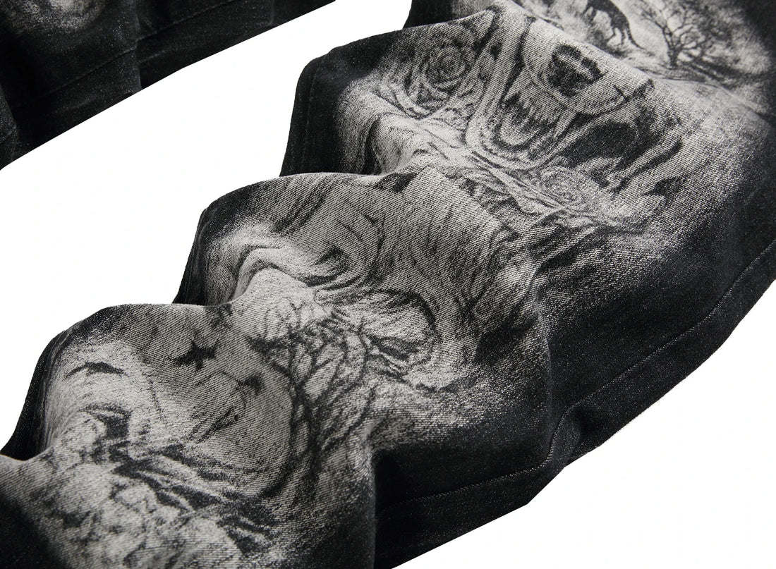 Men's black print pants; Men's print wolf head pattern jeans; Stretch blue jeans 90035