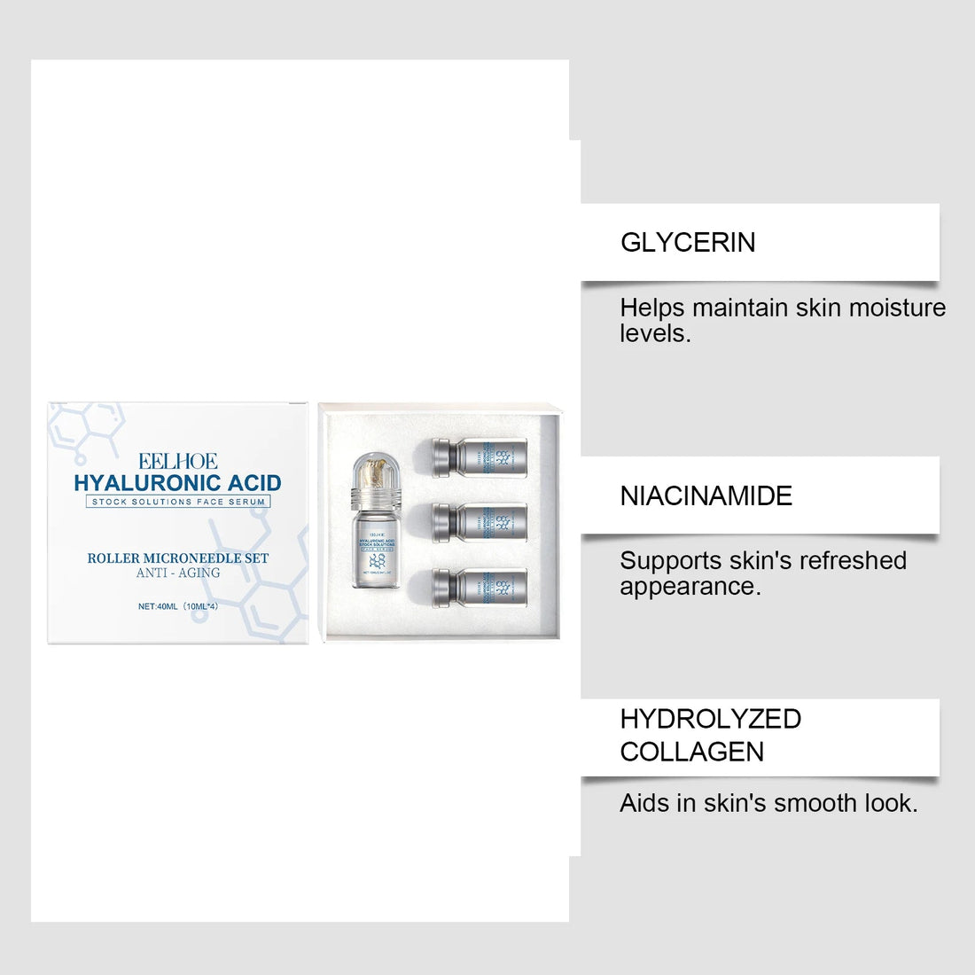 Hyaluronic Acid Stock Solutions Face Serum with Roller Microneedle Set Moisturizing Anti-Wrinkle Facial Serum Smoothing Refresh Halalzen