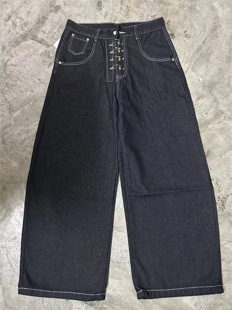 Women’s Metal Buckle Design Curved Wide-leg Jeans High Waist Straight Baggy Denim Pants Female Vintage Street Style Trouser