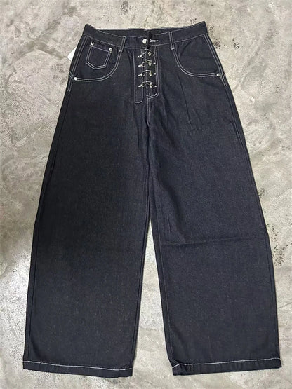 Women’s Metal Buckle Design Curved Wide-leg Jeans High Waist Straight Baggy Denim Pants Female Vintage Street Style Trouser