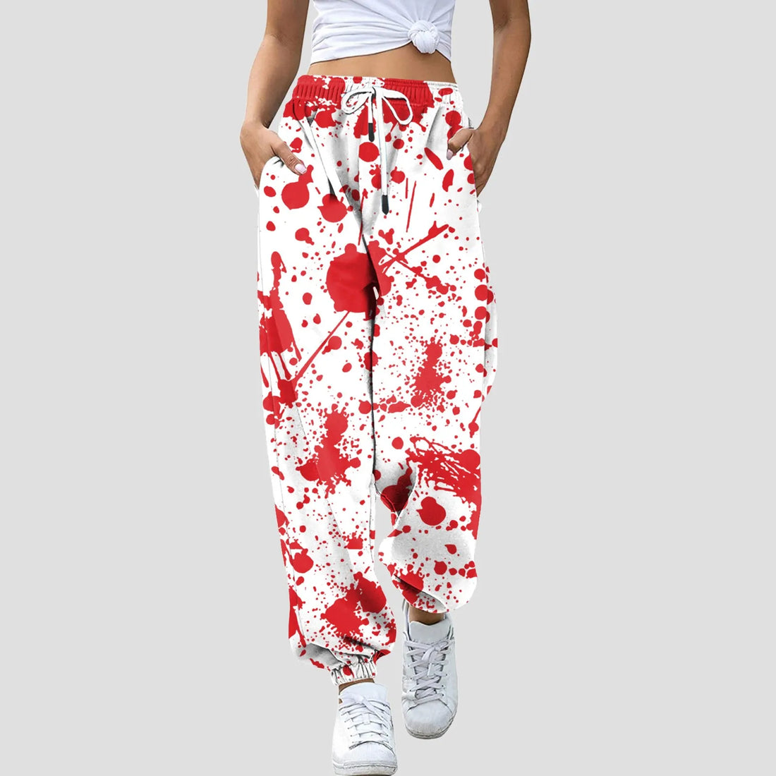 Women Halloween Blood Print Pants Bottom Sweatpants Drawstring Pockets High Waist Sporty Gym Athletic Fit Jogger Pants Trousers