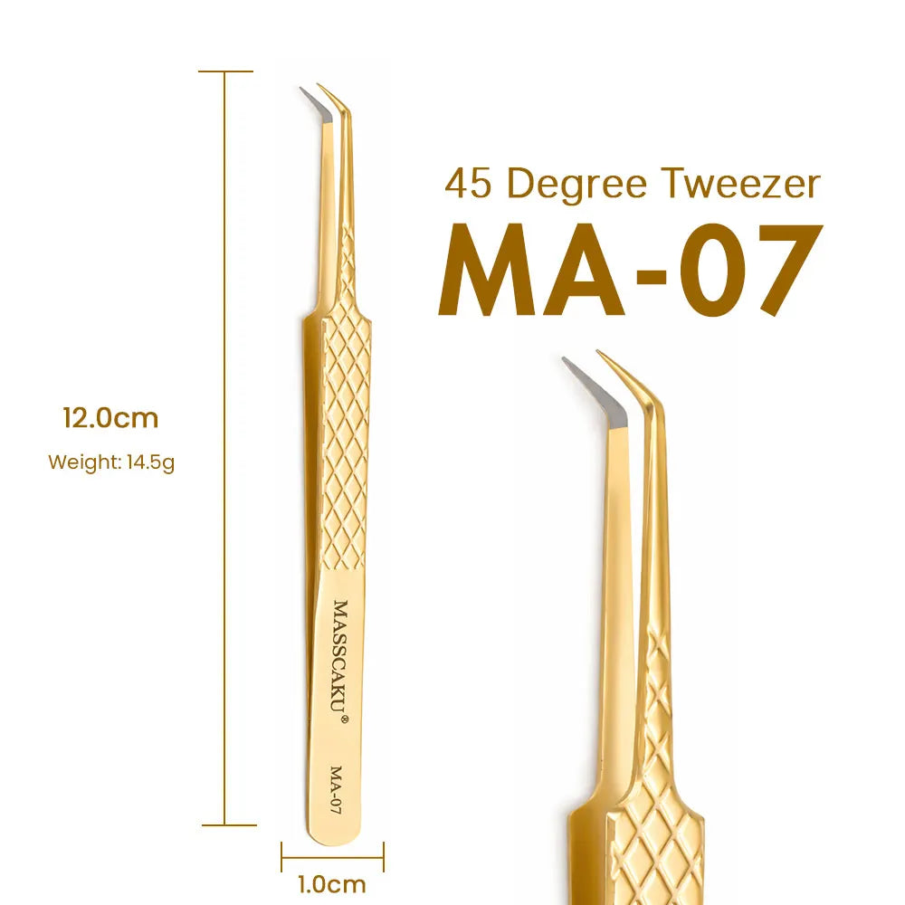 MASSCAKU Eyelash Extension Tweezers Fiber Tip Gold Stainless Steel Lash Pickup Tool for Volume Fans Classic Lash Isolation