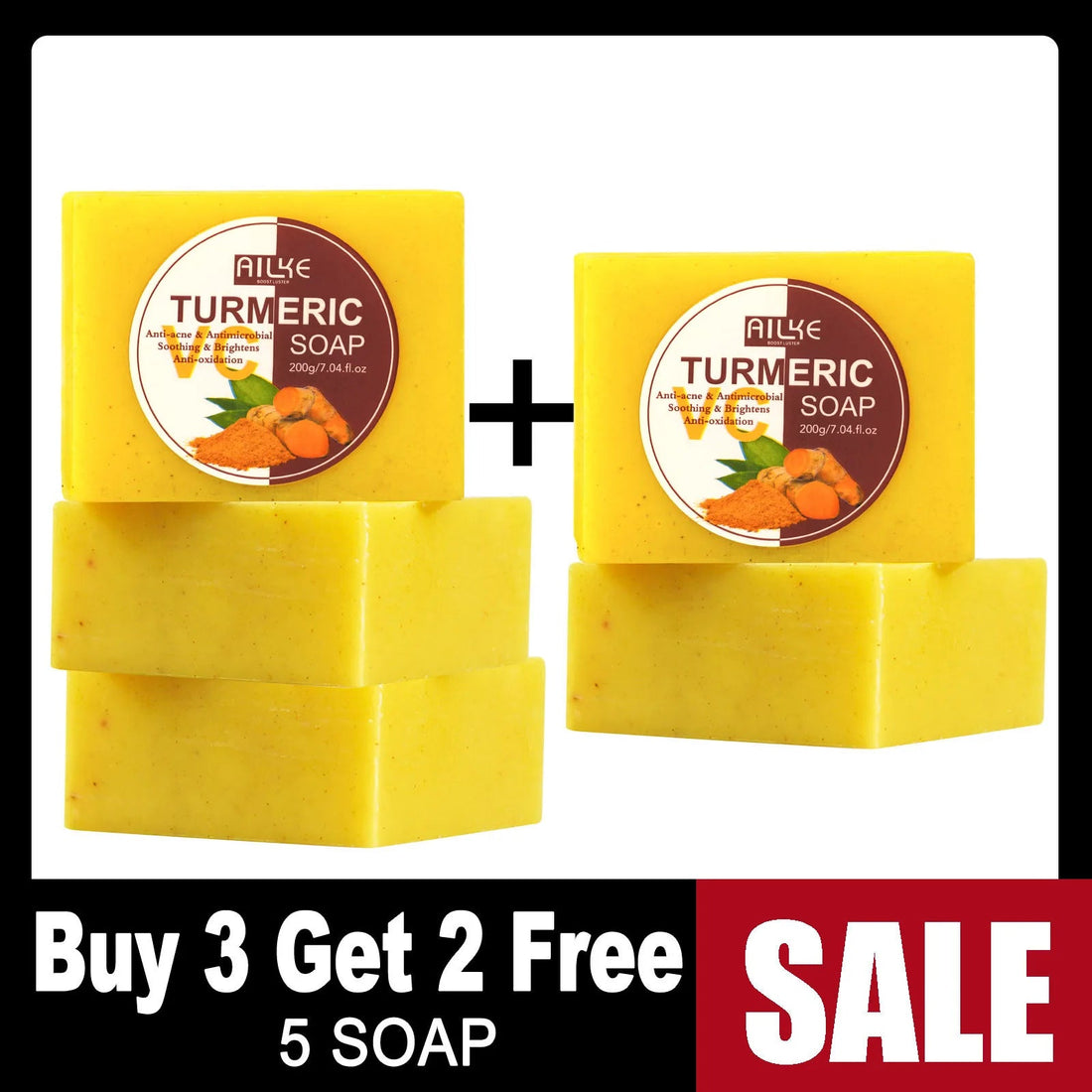 AILKE Natural Turmeric Soap for Face & Body, Whitening, Clean Stains, Even Skin Tone, Remove Acne, Age Spot, Black Spot, 200g Halalzen