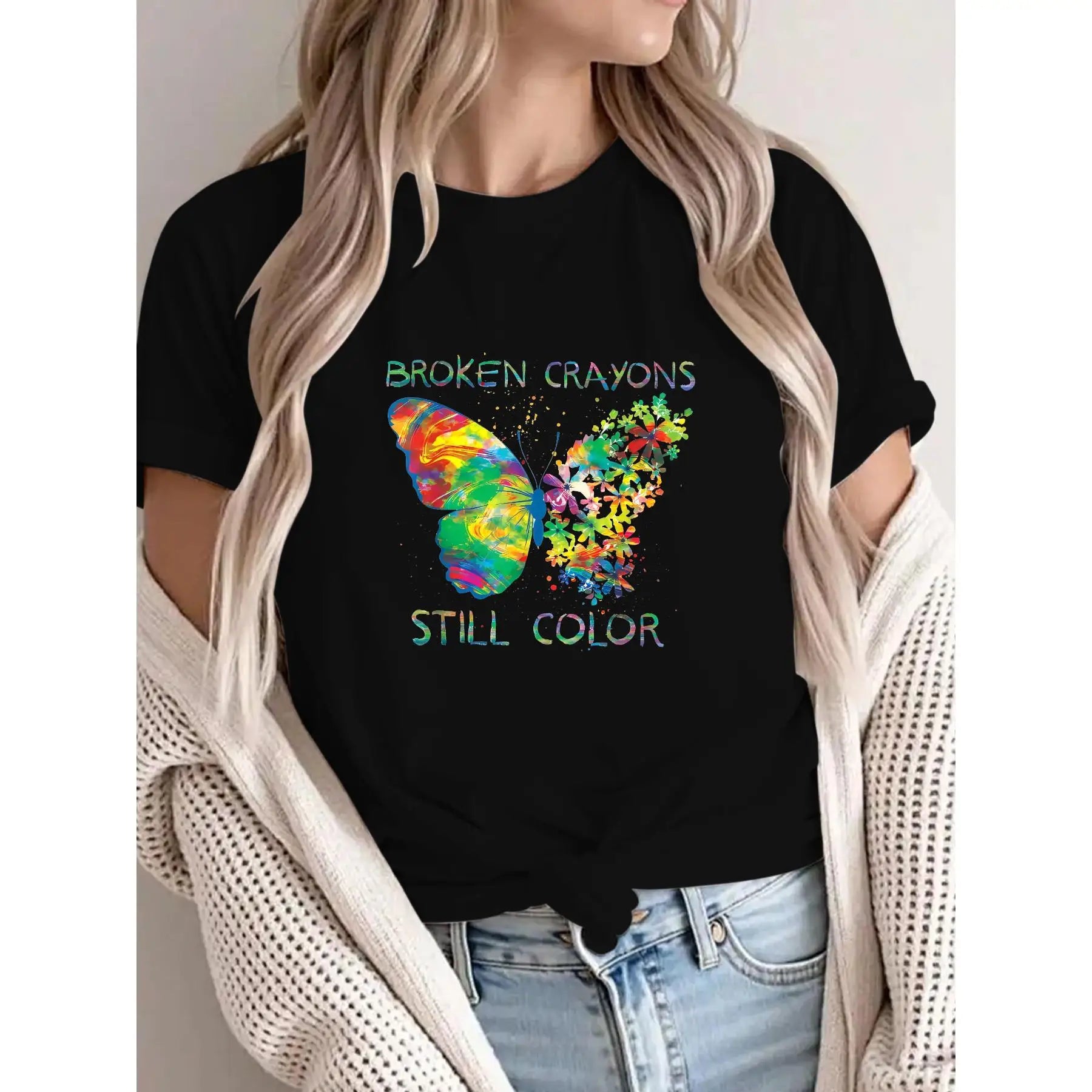 Broken Crayons Still Color T-Shirt, Inspirational Butterfly Graphic Tee, Positive Quote Slogan Top, Motivational Gift for Women