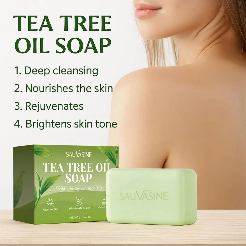 100G Tea Tree Oil Soap Bar for Men & Women, Deep Cleansing, Soothing for Dry Skin, Body Odor Care, Exfoliates & Firms Skin Care Halalzen