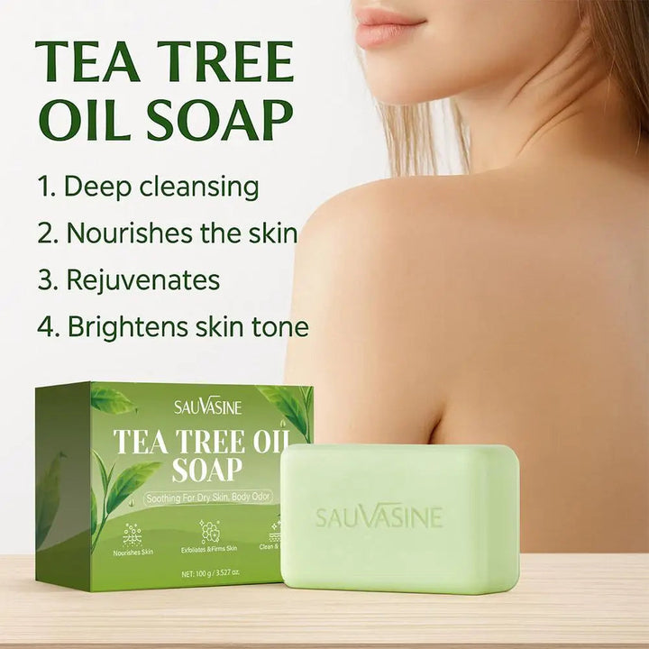 100G Tea Tree Oil Soap Bar for Men & Women, Deep Cleansing, Soothing for Dry Skin, Body Odor Care, Exfoliates & Firms Skin Care Halalzen
