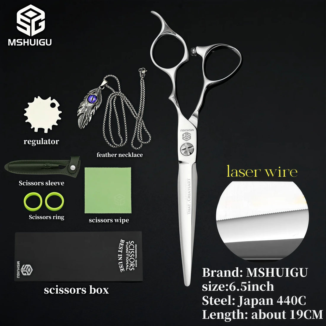 MSHUIGU 440C Professional Barber Scissors 6-7 Inch Laser Wire Serrated Blade Multi-Functional Thinning Hair Shears for Salon Too