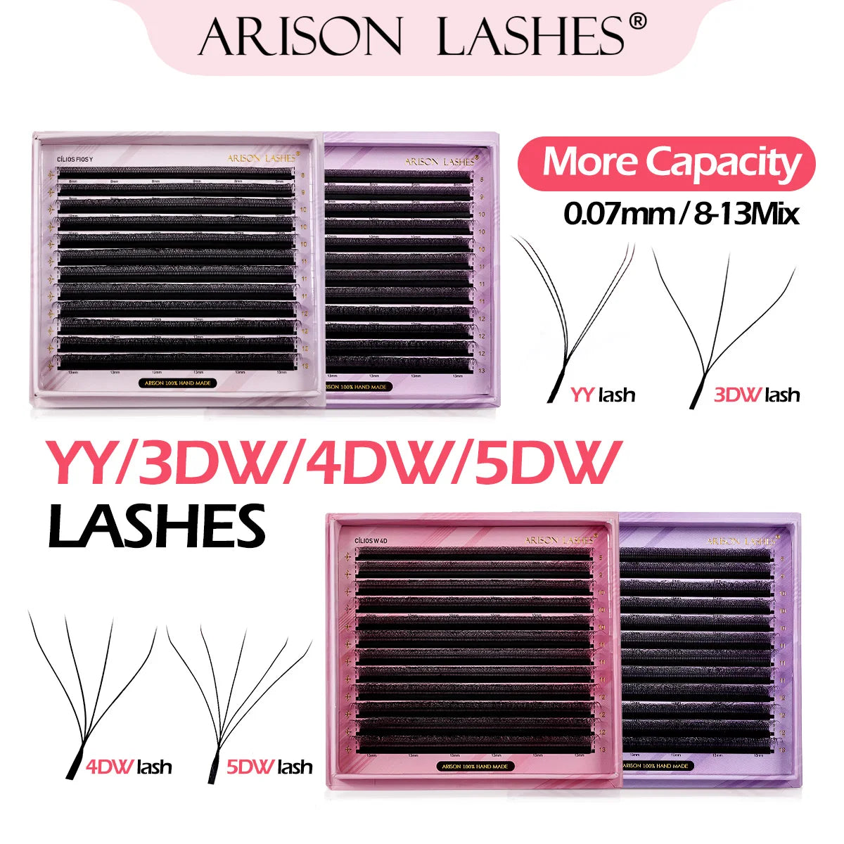 ARISON Large Capacity 2 in 1 YY/3D/4D/5D W Lashes Premade Volume Fans Eyelashes Extension YY W-shape Eye Lashes Magnetic Carton