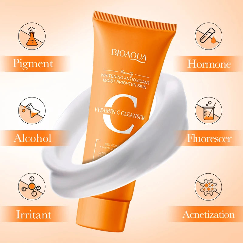 BIOAQUA Vitamin C Facial Cleanser Moisturizing Whitening Anti Wrinkles Face Wash Foam Face Cleanser Facial Skin Care Products Halalzen