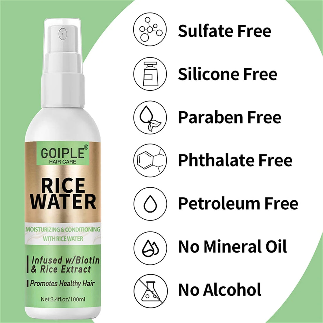 GOIPLE 100ml Rice Water Repair Dry Frizzy Damaged Refreshing Balance Scalp Nourish Roots Smooth Anti-loss Hair Growth Spray