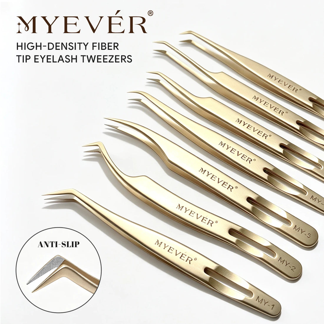 MYEVER Anti-Slip Eyelash Extension Steel Tweezers High-Density Fiber Tip Eyelash & Eyebrow Professional Precision Makeup Tools