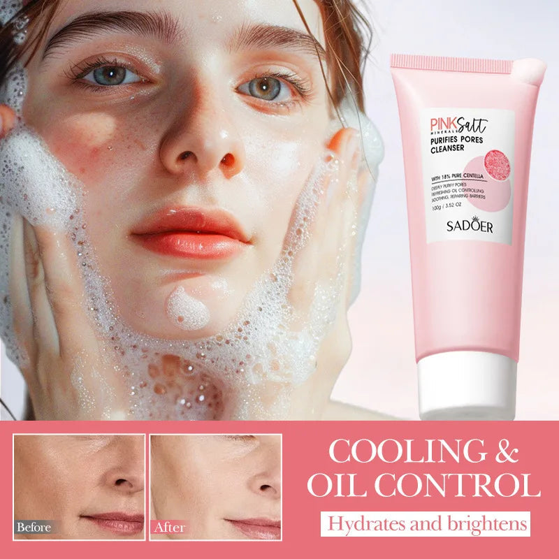 SADOER Himalayan Pink Salt Facial Cleanser Deep Cleansing Moisturizing Face Wash Foam Cleanser Face Cleansing Skin Care Halalzen