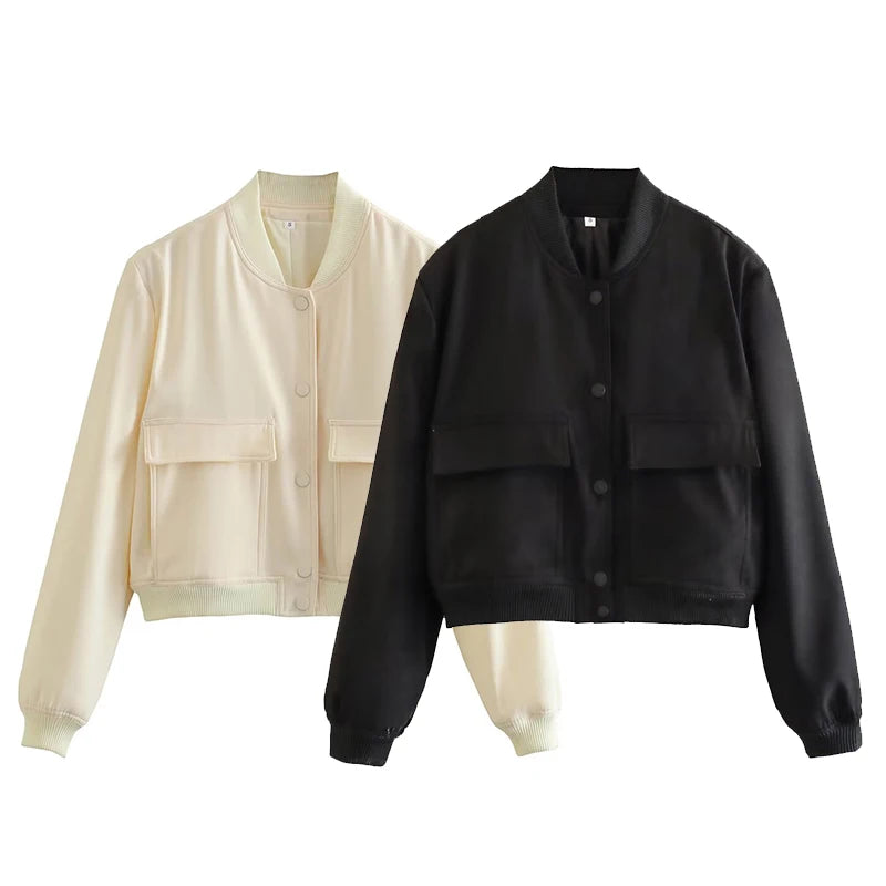 CLAZZAA Women Fashion Solid Bomber Jackets Coat With Pockets V-Neck Single Breasted Long Sleeves Female Chic Lady Outfits