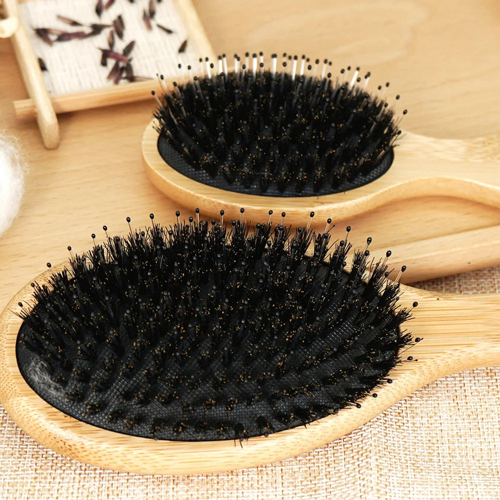 Custom Boar Bristle Natural Bamboo Hair Brush Air Cushion Hairbrush Detangling Scalp Massage Comb Salon Barber Styling Tools
