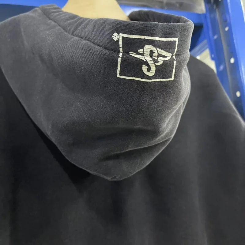 Saint Letter Print Hoodie Vintage Distressed Design Autumn Winter Warm Mens Loose Casual Sweatshirt