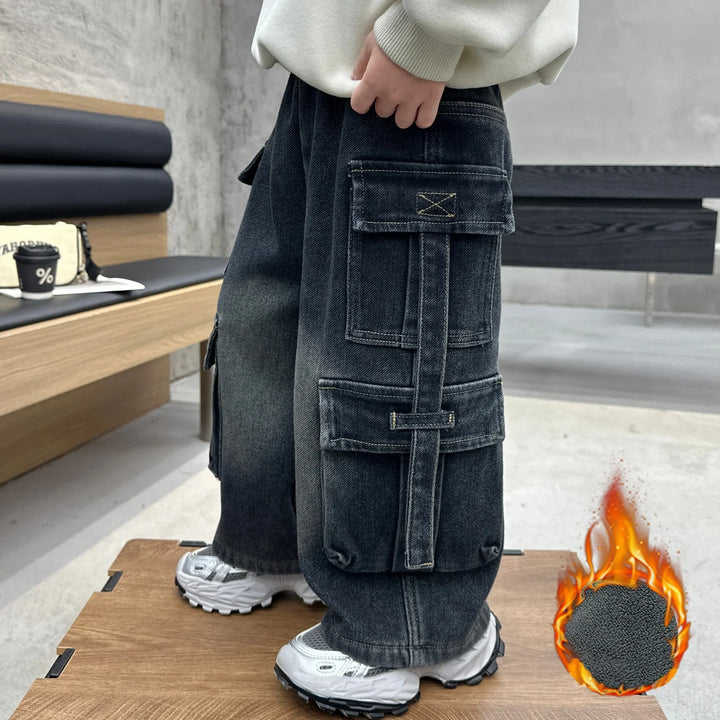 New Arrival Boys' Winter Fleece-Lined with Multi Pockets Washed Dark Denim Pants, Trendy Streetwear Workwear Trousers