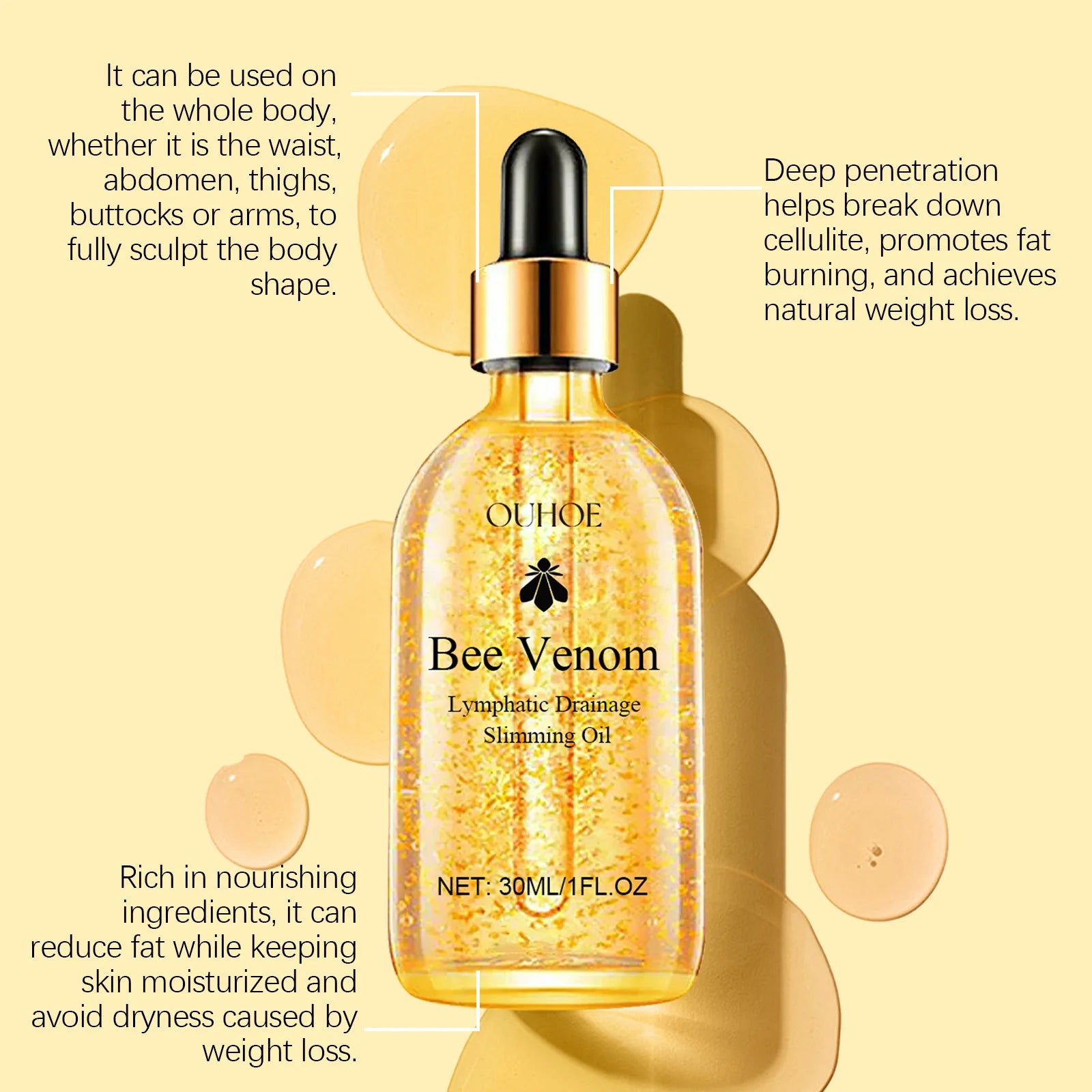 OUHOE 30ml Bee Venom Body Care Oil Massage to Tighten the Body Shape Slimming Show Body Abdominal Care Oil