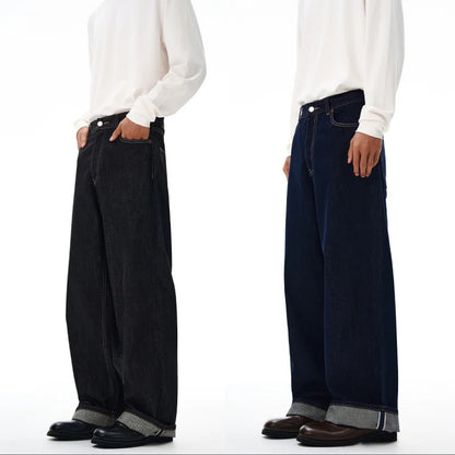 2025 autumn fashion original color straight leg rolled edge jeans for men, loose and versatile Japanese style long pants