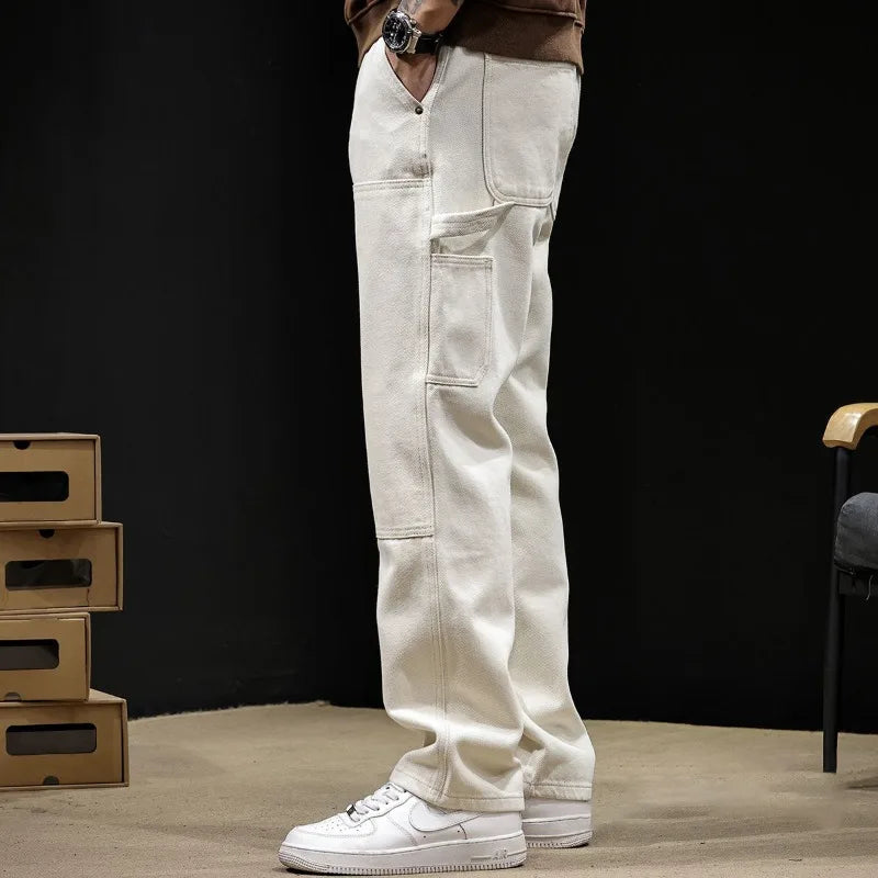 White Workwear Thigh Patch Jeans Men's New Woodcutter Rivet Straight Denim Pants Spring Autumn American Retro Cotton Cargo Pants